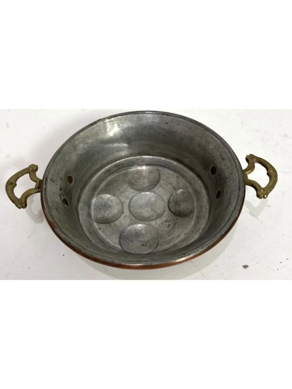Antique French Copper Brass Handled Egg Poacher Escargot Pan 5 Hole